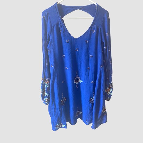 Free People Oxford Embroidered Mini Swing Dress Size Medium Cobalt Blue Pockets - Picture 2 of 8